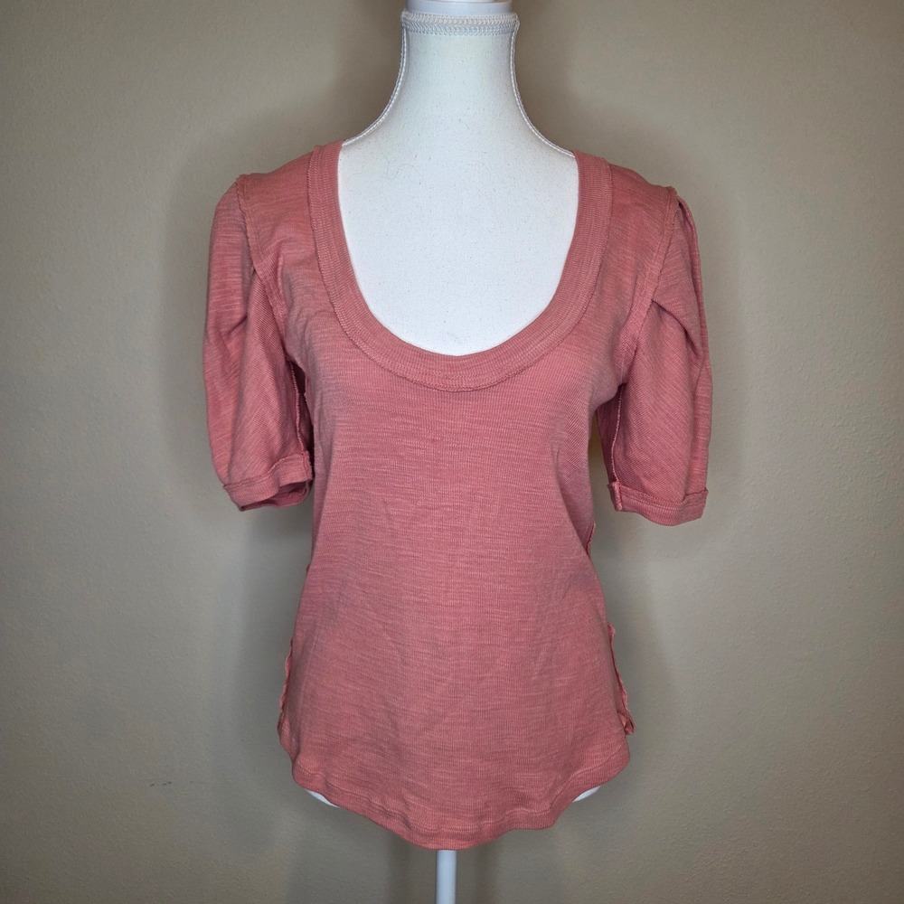 We The Free Free People Rose Pink Slub Knit Puff Sleeve Scoop Neck Top Medium